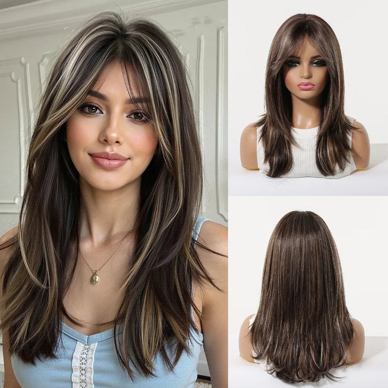 EASIHAIR Medium Length Wavy Blonde Synthetic Wig With Bangs For Women Natural Wigs Hair Heat Resistant Daily Party Cosplay Use