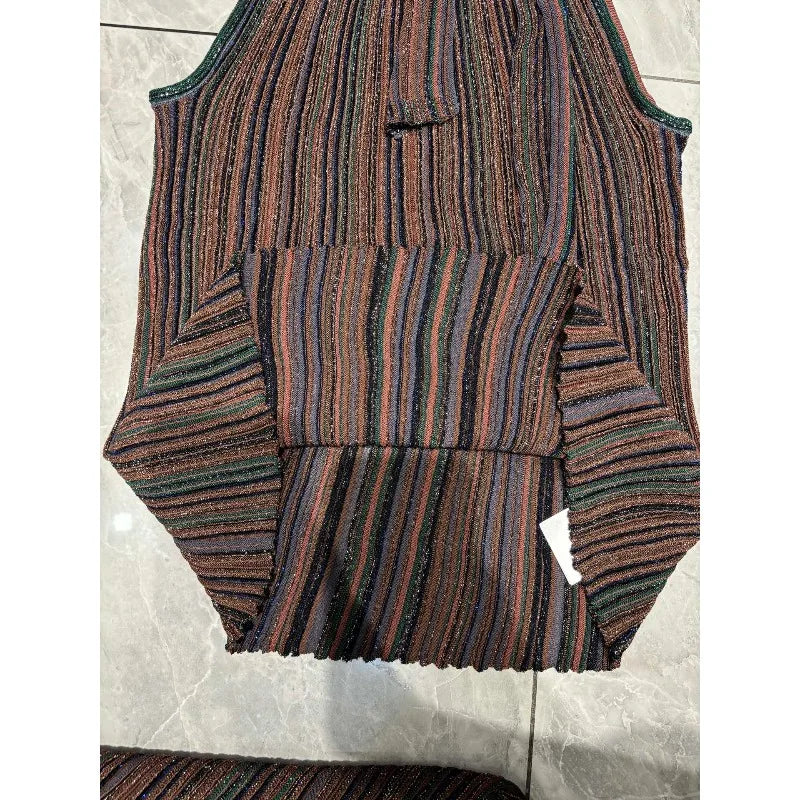 Metallic Colorful Striped Knit Skirt Set Women 2026 New Classic Halter Neck Sleeveless T-Shirt+Slim Versatile Skirt 2-Piece Set