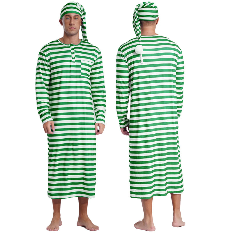 Men's Striped Nightshirt Sleep Robe Set Loose Soft Long Sleeve Sleeping Long Shirts with Night Cap Christmas Sleepwear Nightwear