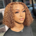 250% Density 4/27 Ombre Highlight Deep Wave Curly Bob Wigs Human Hair Pre Plucked 13x4 HD Honey Blonde Highlight Lace Front Wig