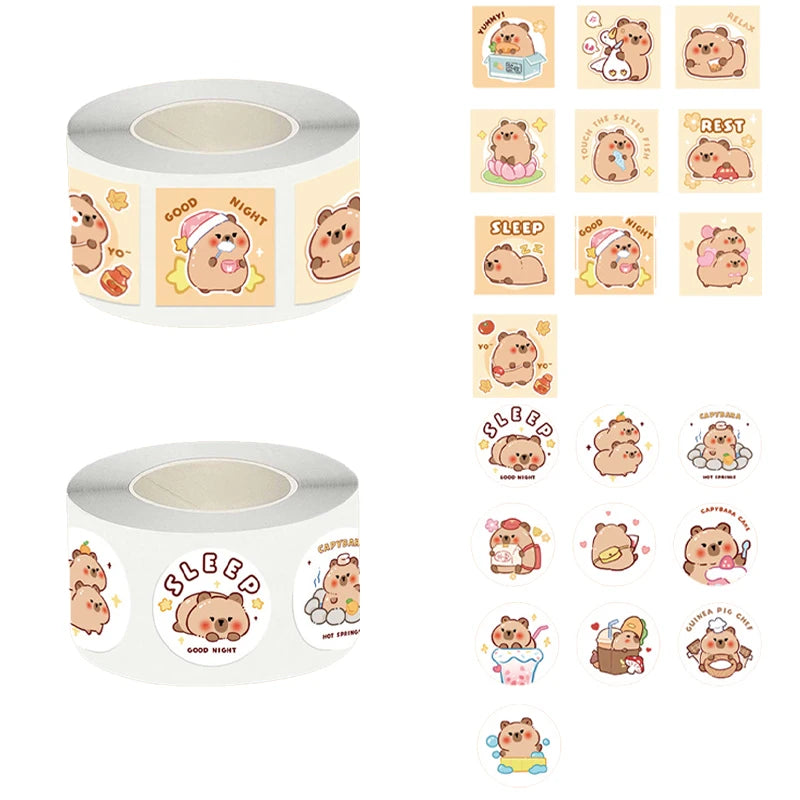 600PCS Cartoon Kapibala Q-Version Roll Stickers Aesthetics DIY Decorative School Supplies Stationery Notebook Decals Toys Gift