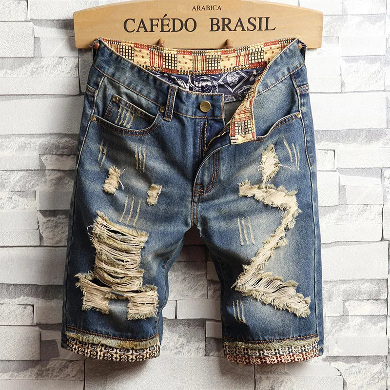 New Large Size Denim Shorts Retro Ripped Slim Men's Five | SAMAG