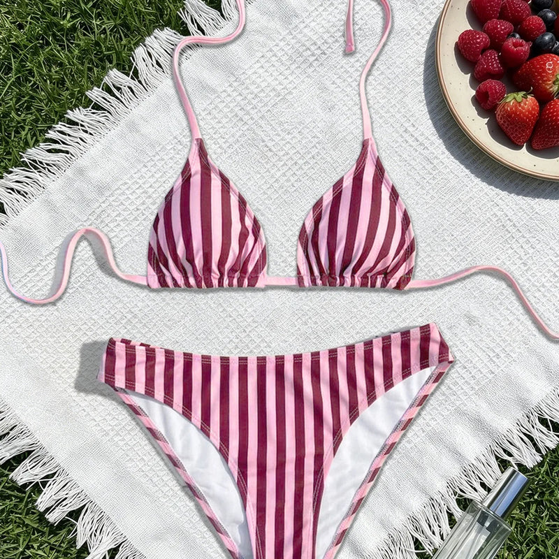 Stripe Print Bikini Triangle Cup Strap Sexy Backless | SAMAG