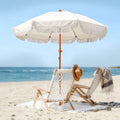 7.3ft Boho Beach Umbrella with Integrated Sand Anchor & Reinforced 8mm Ribs – Heavy Duty Windproof Fringe Patio Umbrella, UPF 50+ Sun Shade with Tilt Mechanism & Carry Bag for Outdoor, Garden, Seaside (Cream/White)