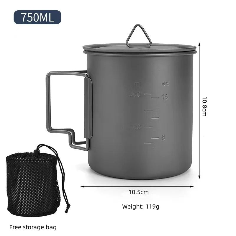 Titanium Camping Cookware Set with Folding Mug (420ml/750ml) and 750ml Pot, Lightweight Portable Outdoor Kit for Hiking Backpack