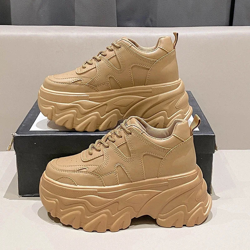 Women Platform Casual Thick leather Shoes 2024 New Spring Autumn Chunky Sneakers 8CM Wedges Hidden Heels Leisure Shoes Woman