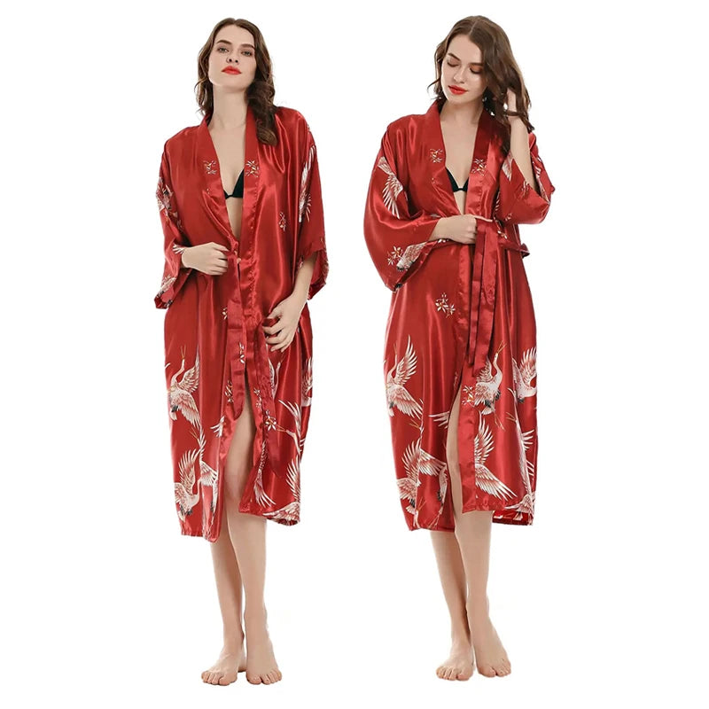 Linccure Women's Crane Print Satin Kimono Robe Silky Half | SAMAG