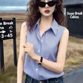 Office Lady Sleeveless Striped Plus Size Button Blouse - View 2 | SAMAG
