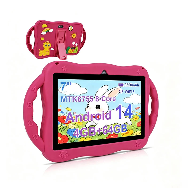 Tablet for Kids 7 Inch Android 14 4GB RAM 64GB ROM WiFi Bluetooth Dual Camera Educational Software Installed with Proof Case