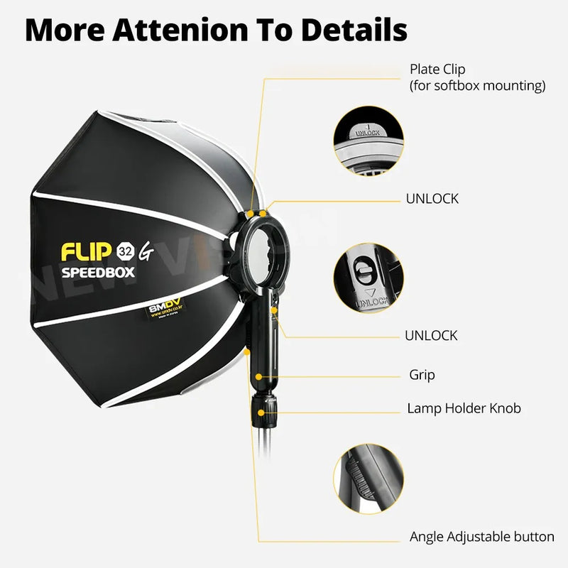 SMDV Flip 32 Quickly Release Parabolic Out Door Softbox for Godox Flash Soft box V1 AD100PRO AD300PRO V860III AD200