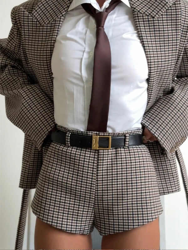 Plaid Shoulder Pad Jacket Shorts Set Casual Stand Collar Full Sleeve Belted Buttons Blazer Suit Office Lady Daily Street Outfits