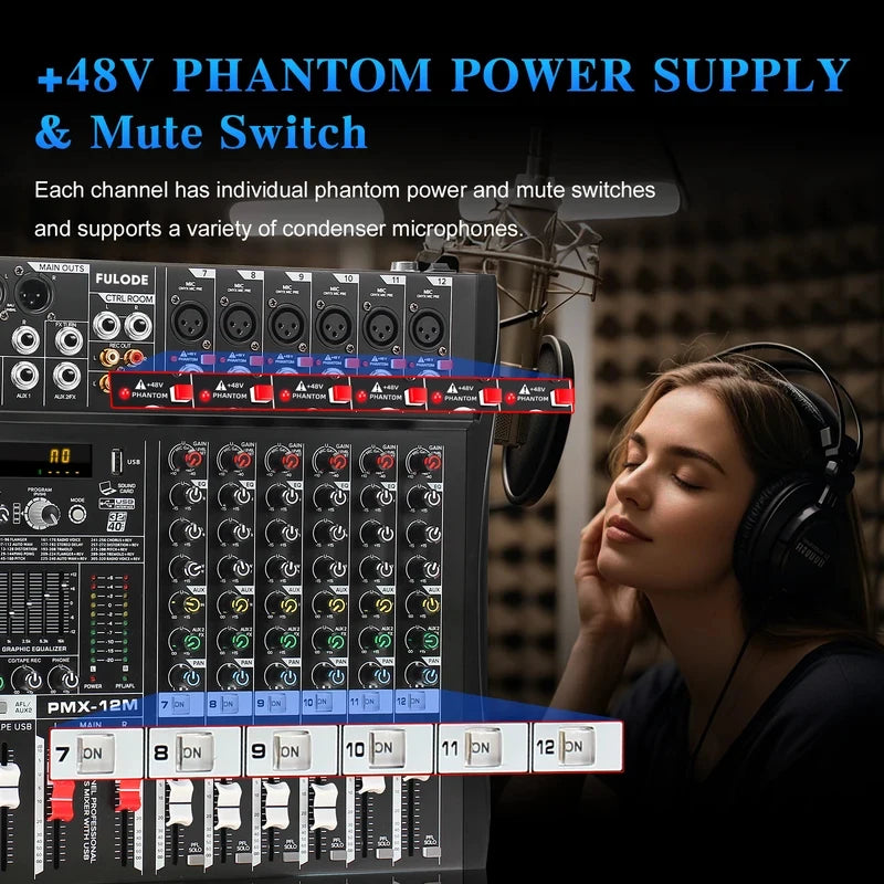 Fuluode 6/8/12/16 Channel Mixing Console Audio Mixer Mono 99 Digital Effect USB Sound Card dj Karaoke Mixer Bluetooth 48V 2 AUX