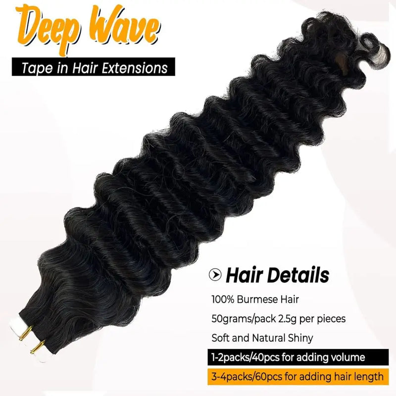 Deep Wave Tape In Extensions 100% Human Hair Deep Curly Tape on Hair Extensions Skin Weft Remy Natural Hair Extensions #1B