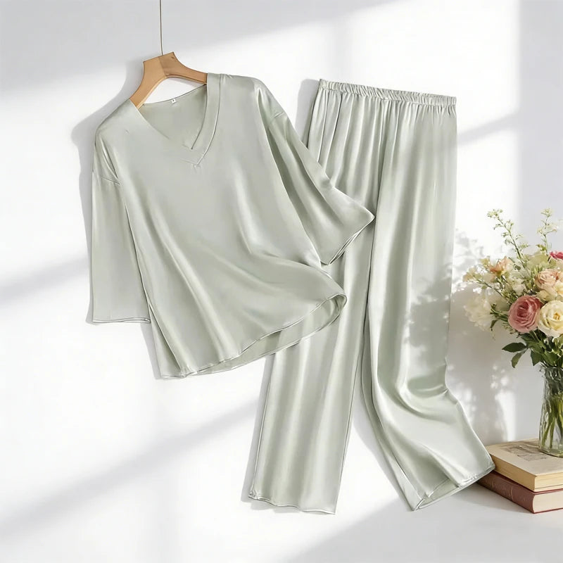 20MM 100% Natural Mulberry Silk Satin Pajama Set Solid Color V-neck Three-quarter Sleeve Tops Pants Women's Home Suit Set