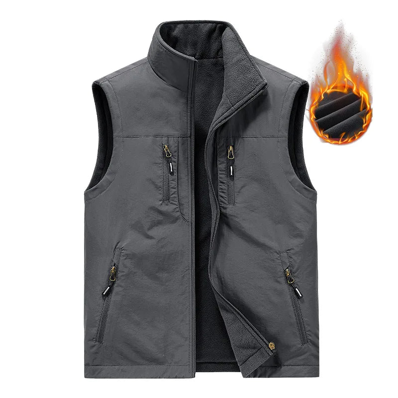2025 Autumn Winter Thickened Fleece Double-Sided Vest Men's Jacket Warm Outerwear Slim Fit Casual Style Daily