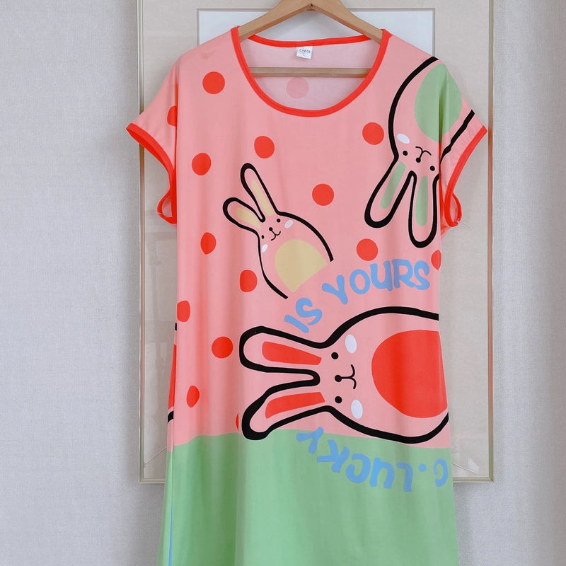 Cartoon Pink Green Rabit Print Lounge Dresses, Comfy Cute | SAMAG
