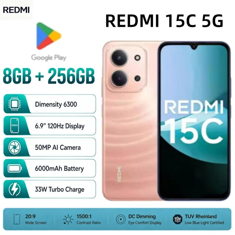 2026 new Redmi 15C 5G 8GB+256GB Smartphone, Dimensity 6300, 120Hz Display, 50MP AI Camera, 6000mAh Battery, 33W Turbo Charge