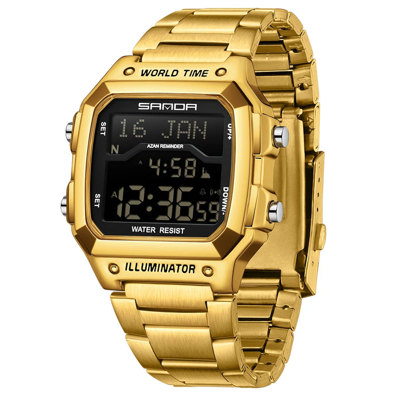SANDA Fashion Digital Sport Watches Men Waterproof Stopwatch Alarm Date Week Watch Man Golden Strap LED Square Dial Wristwatch