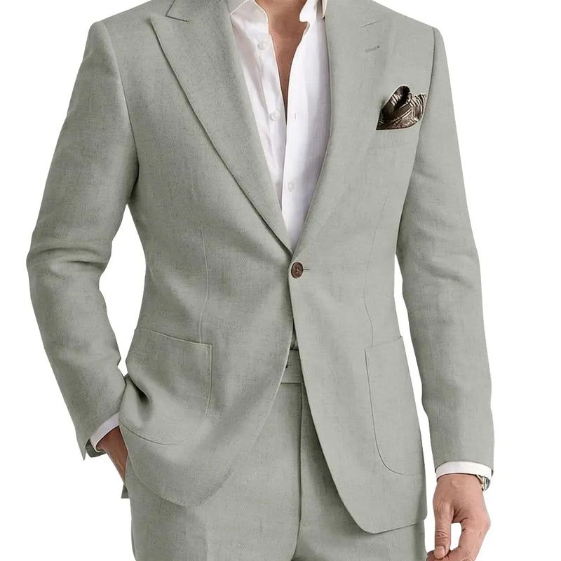 Men's 2 Pieces Linen Suits Casual Lightweight Summer Beach Groom Wedding Suit Linen Blazer Pants Set