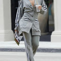 Women's New Versatile Fashion Side Stripe Casual Two-piece Suit, Long Sleeve Round Neck Snap Button Belt Pocket Jacket and Waist Casual Wide-leg Pants