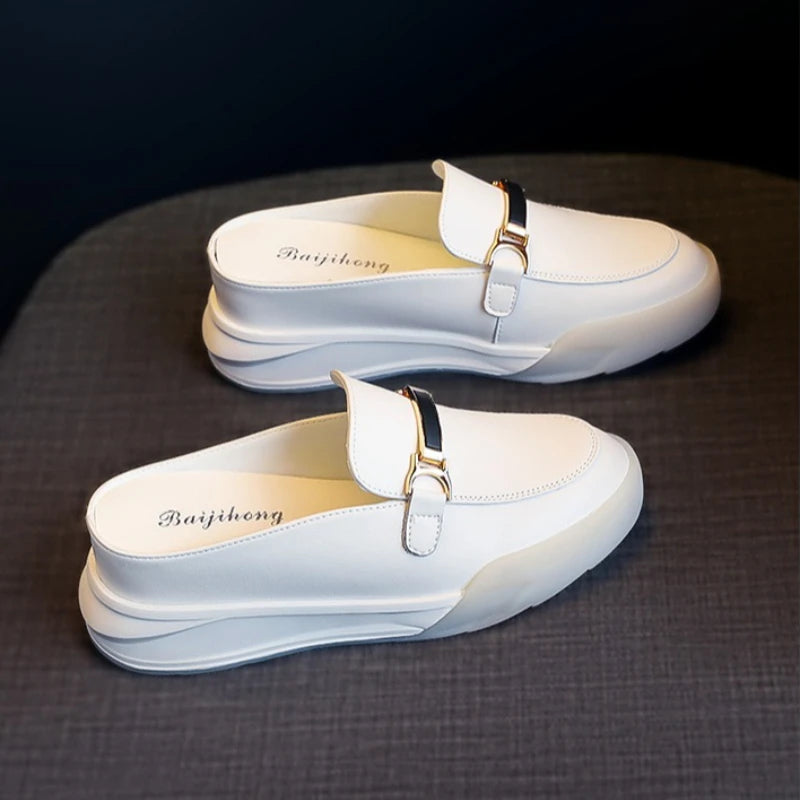 Women's 2026 New Solid Color Heightening Design Wedge Slippers Spring and Summer Metal Decorative Leisure Baotou Slippers