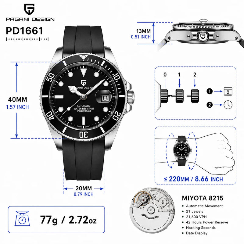PAGANI DESIGN Men Watches Automatic Watch Mechanical Sapphire Glass Stainless Steel Luminous Date Luxury - Visuel 17 | SAMAG