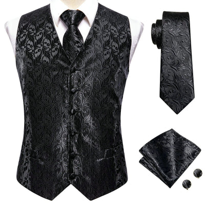 Men's Black Dress Vest Set with Tie Pocket Square Cufflinks - Jacquard Formal Tuxedo Waistcoat Suit Wedding Business | SAMAG