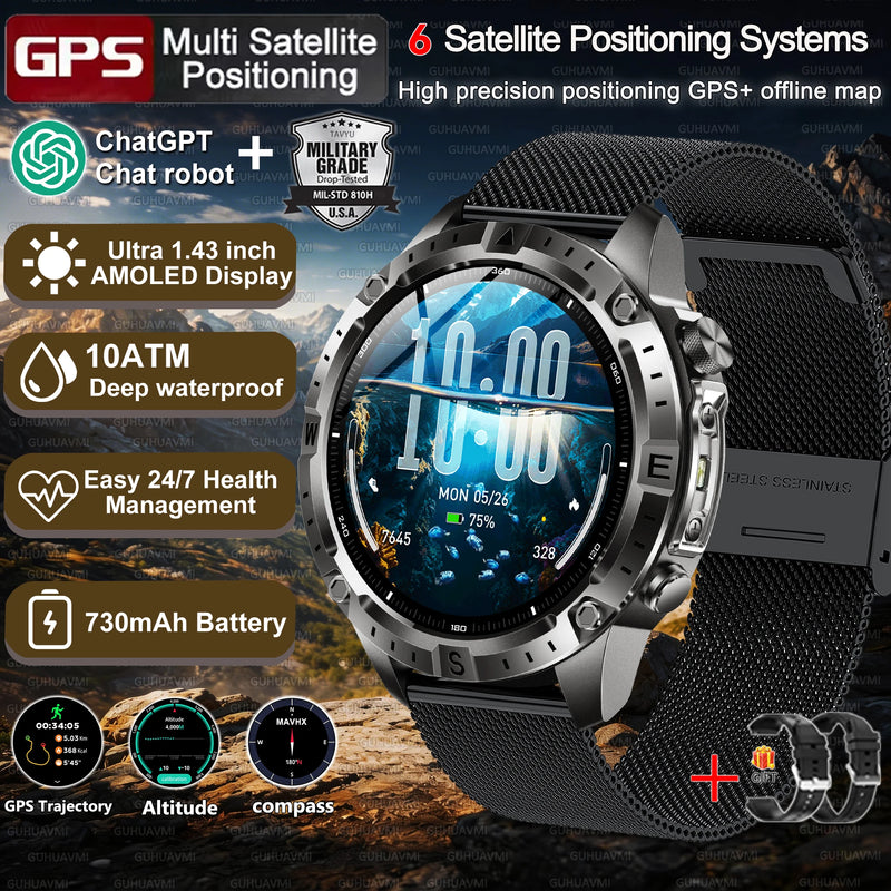 2026New Military Tank GPS SmartWatch Offline Map 10ATM Swim 2GB RAM Music Altitude Compass Bt Call Fitness Sports Smartwatch Men