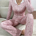 Y2K Cute Floral Ribbed Pajama Set Women's Long Sleeve V | SAMAG