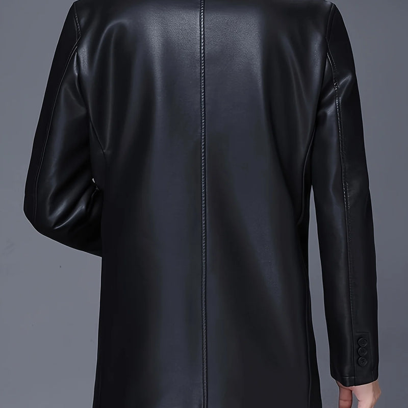Classic Mid-Length Lapel Trench Coat with Fleece Lining for Warmth, Leather and Fur Integrated Men's Pu Coat, Luxurious Business