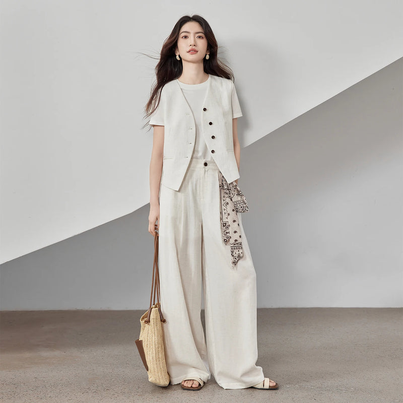 SENTUBILA Office 2 Piece Pant Set 2026 Women Linen Blend Summer Suit V Neck Waistcoat Wide Leg Baggy Pant Print Scarf 162ZA5663Z