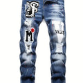 Men y2k Stretchy Denim jeans Ripped Skinny Letter Print | SAMAG