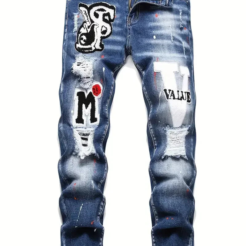 Men y2k Stretchy Denim jeans Ripped Skinny Letter Print | SAMAG