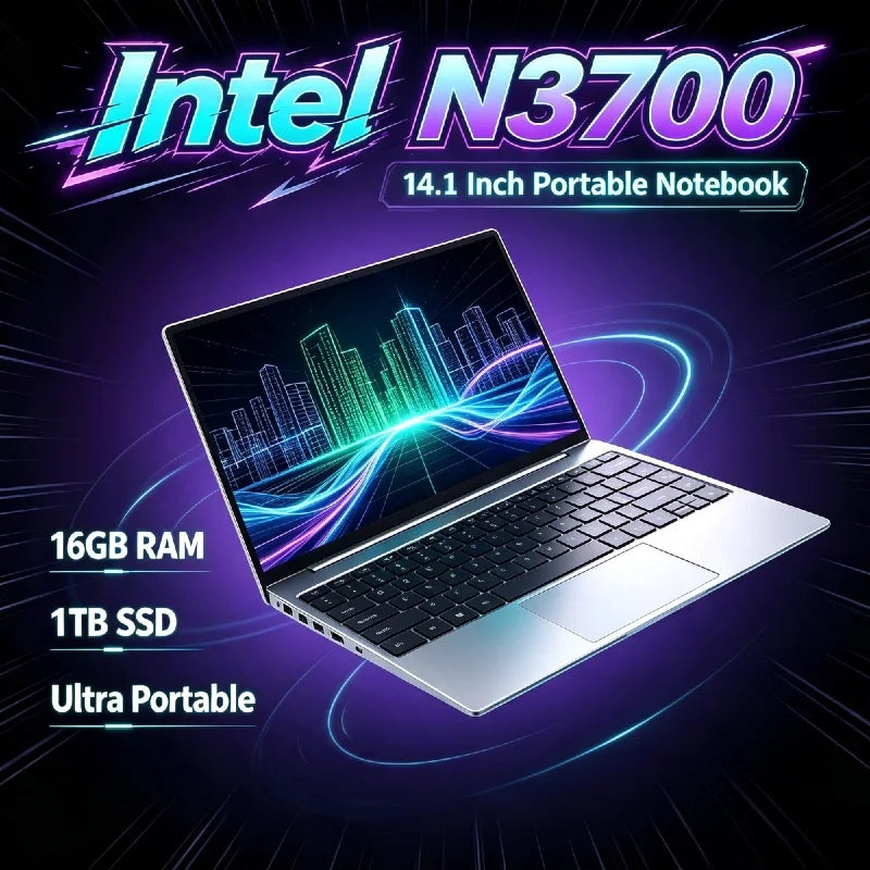 Intel N3700 Ultra Slim 14.1 Inch Gaming Laptop 16GB DDR3L 2TB SSD 1920x1080 Office Study 4K Video Pro Ultra