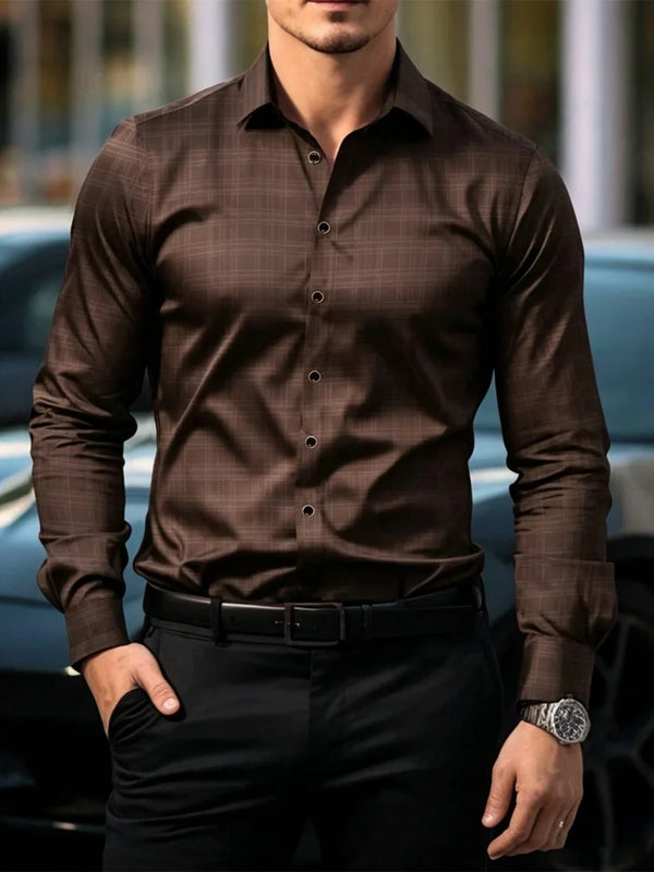 Men's dark plaid long sleeved shirt slim fit European | SAMAG