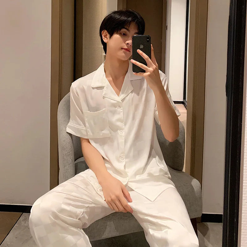 White Striped Men Pajamas Suit Short Sleeved Long Pants Thin Ice Silk Sleepwear Summer Satin Silk Home Clothing Set Pyjamas Male