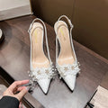 French Bride Gold Wedding Shoes spring women Thin Heel Pointed Shallow Mouth Flower Rhinodrill High Heels  Fashion Sandals