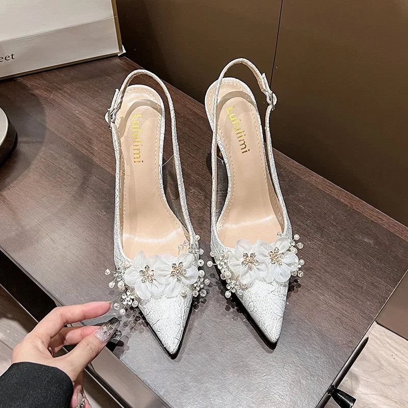 French Bride Gold Wedding Shoes spring women Thin Heel Pointed Shallow Mouth Flower Rhinodrill High Heels  Fashion Sandals