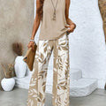Women Casual 2 Piece Outfit Sleeveless Tank Top + Leaf Print Wide Leg Pants Set Summer Vacation Loungewear