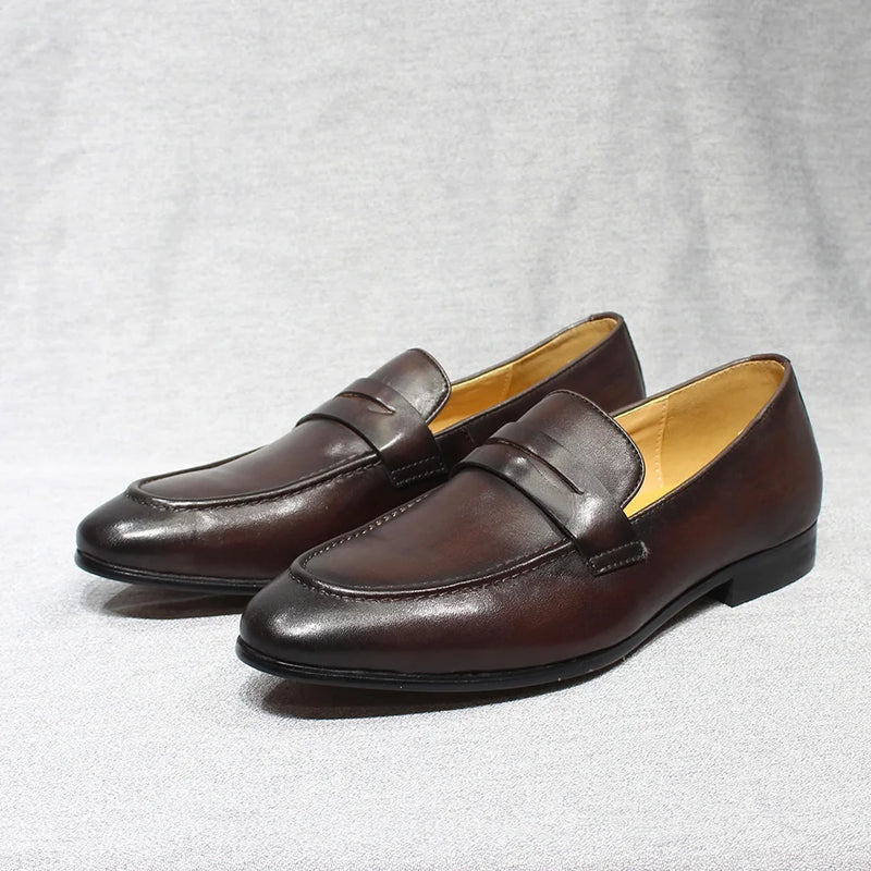 Size 6-13 Spring Autumn Mens Penny Loafers Genuine Leather Hand Painted Slip On Dress Shoes Men Wedding Casual Business Shoes