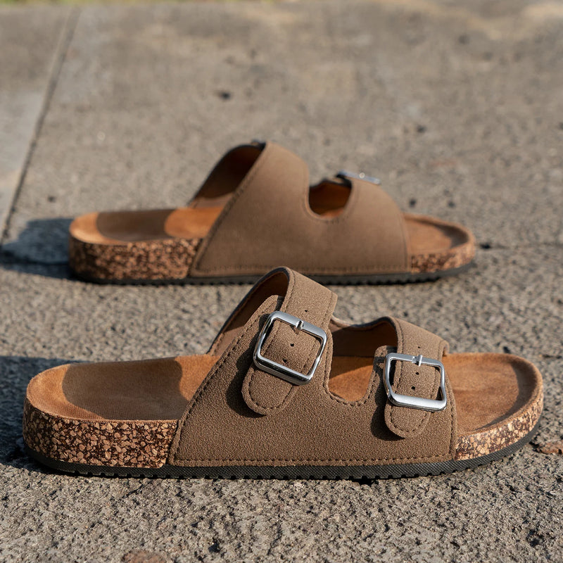 Women's Teen Mules New Spring and Summer Vintage Casual Slip-On Shoes Pu Upper Double Strap Half Slippers with Adjustable Buckle