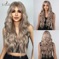 Long Blonde Ombre Brown Synthetic Wigs Water Wavy Platinum Wigs with Bang Hair Wig for Women Daily Cosplay Party Heat Resistant