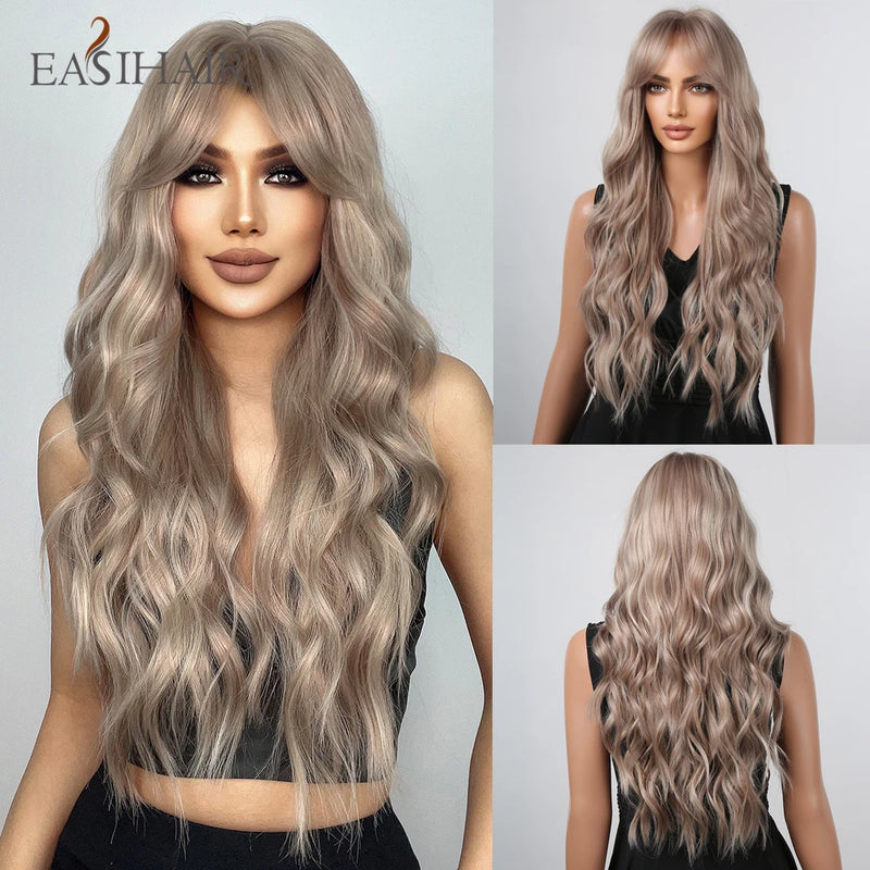 Long Blonde Ombre Brown Synthetic Wigs Water Wavy Platinum Wigs with Bang Hair Wig for Women Daily Cosplay Party Heat Resistant