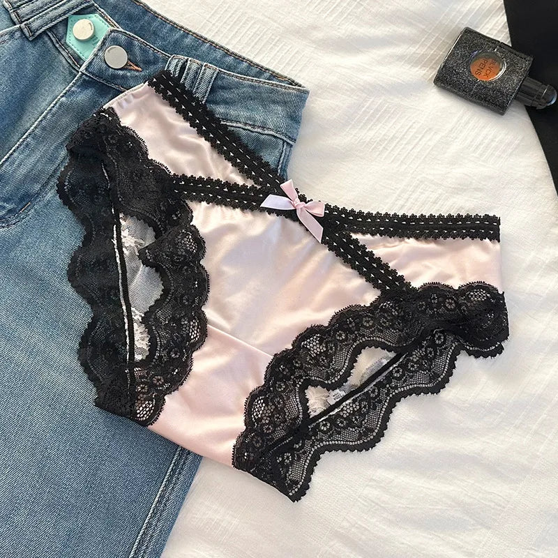 French Sexy Lace Satin Underwear for Women Low Waist Thin Mesh Hollow Out Bow Panties Sweet Girl Breathable Cotton Crotch Briefs