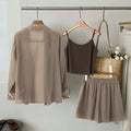 【Plus Size】 Three-Piece Set Solid Color Set, Casual Long Sleeve Button Shirt & Crop Cami Top & Shorts Set