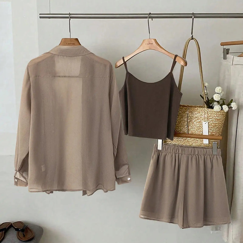 【Plus Size】 Three-Piece Set Solid Color Set, Casual Long Sleeve Button Shirt & Crop Cami Top & Shorts Set