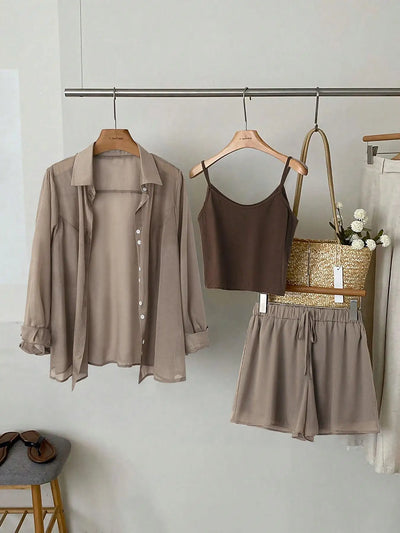 【Plus Size】 Three - Piece Set Solid Color Casual Long | SAMAG