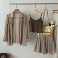 【Plus Size】 Three-Piece Set Solid Color Set, Casual Long Sleeve Button Shirt & Crop Cami Top & Shorts Set