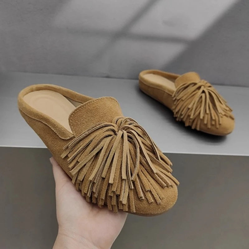 DIMANYU Women's Mules Shoes Genuine Leather 2026 New  Women Slippers Flat Tassel Closed-Toe Female Large Size Slippers Women 