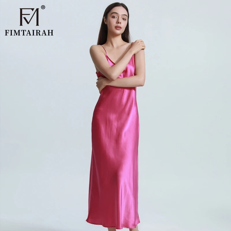 FIMTAIRAH Brand 6A 19mm New 100% Silk Nightgown Women Sexy Elegant Summer Silk NightDRESS long home wear Pajamas
